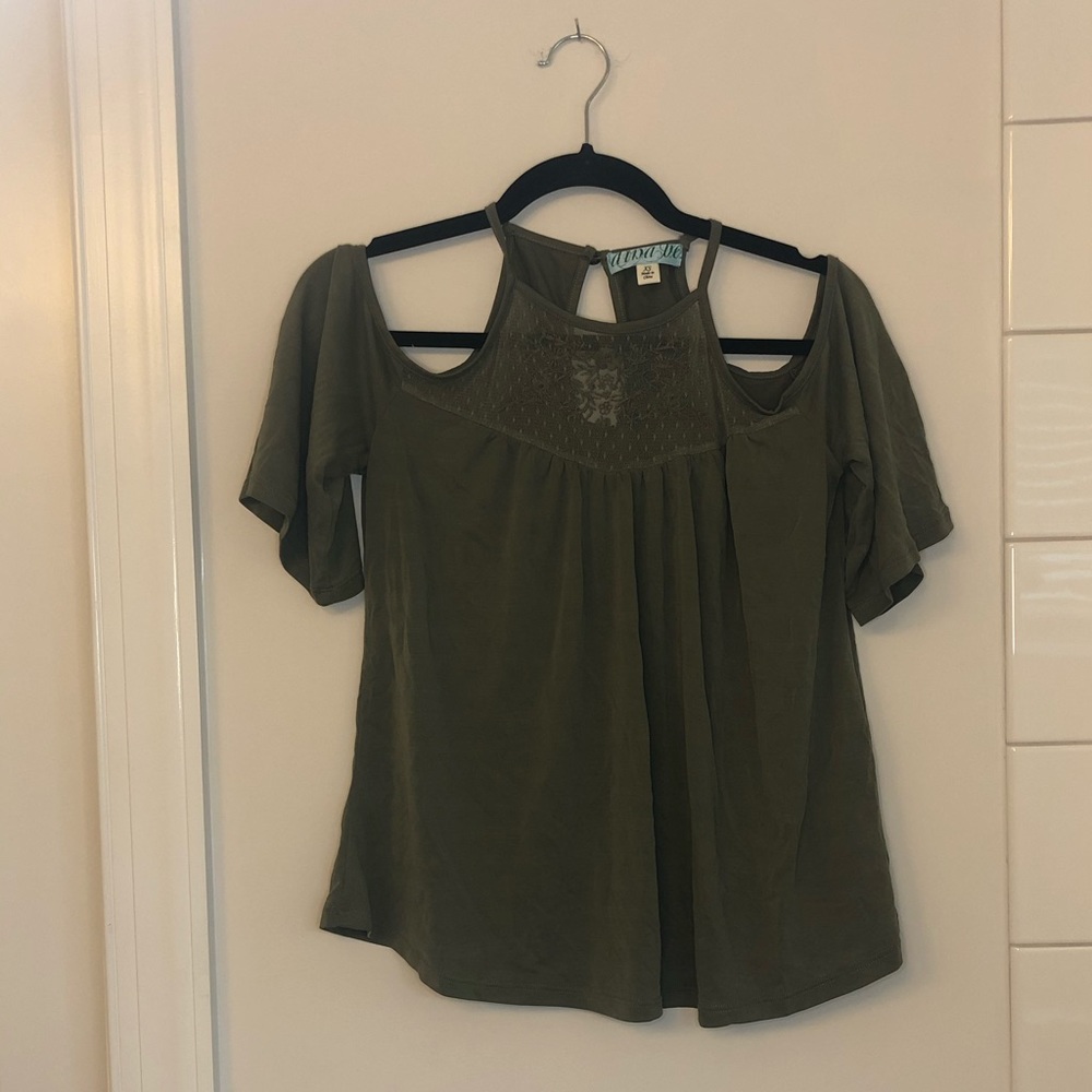 Dina Be Army Green Cold Shoulder Shirt, XS